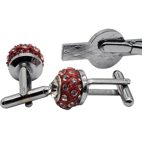 Retro Red Enamel Cufflinks Tie Clip Clasp Pave Crystal Silver Tone Ball Bold - Picture 2 of 8